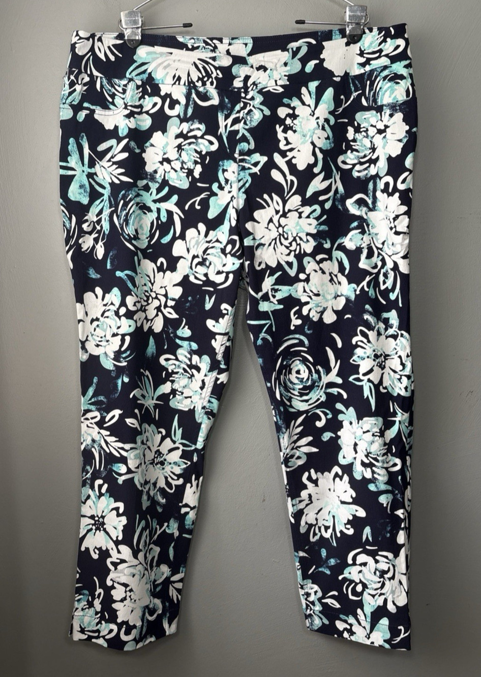 SlimSation Floral Pants Plus Size 22W Blue Stretch Trousers Chic Preppy Grandma